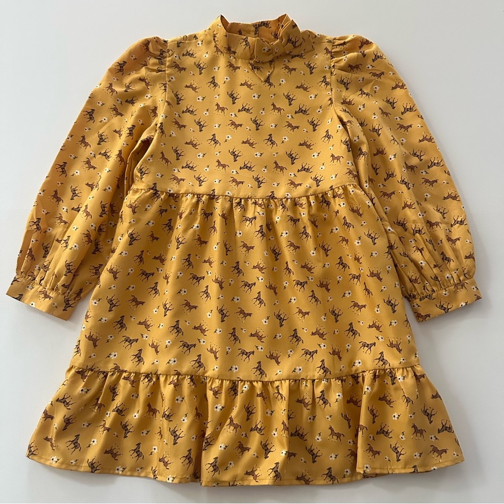 Janie and Jack Girls 10 Mustard Yellow Dress Horse Floral Pattern Equestrian